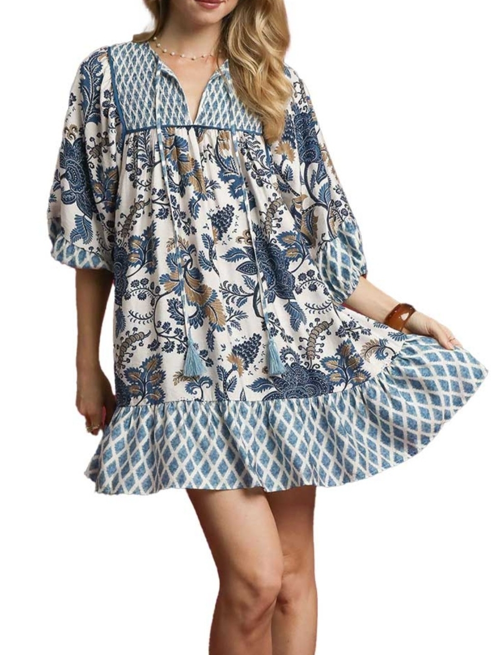 Umgee Boho Floral Geometric Smocked Tassel Shift Dress NWT Plus Size XL New